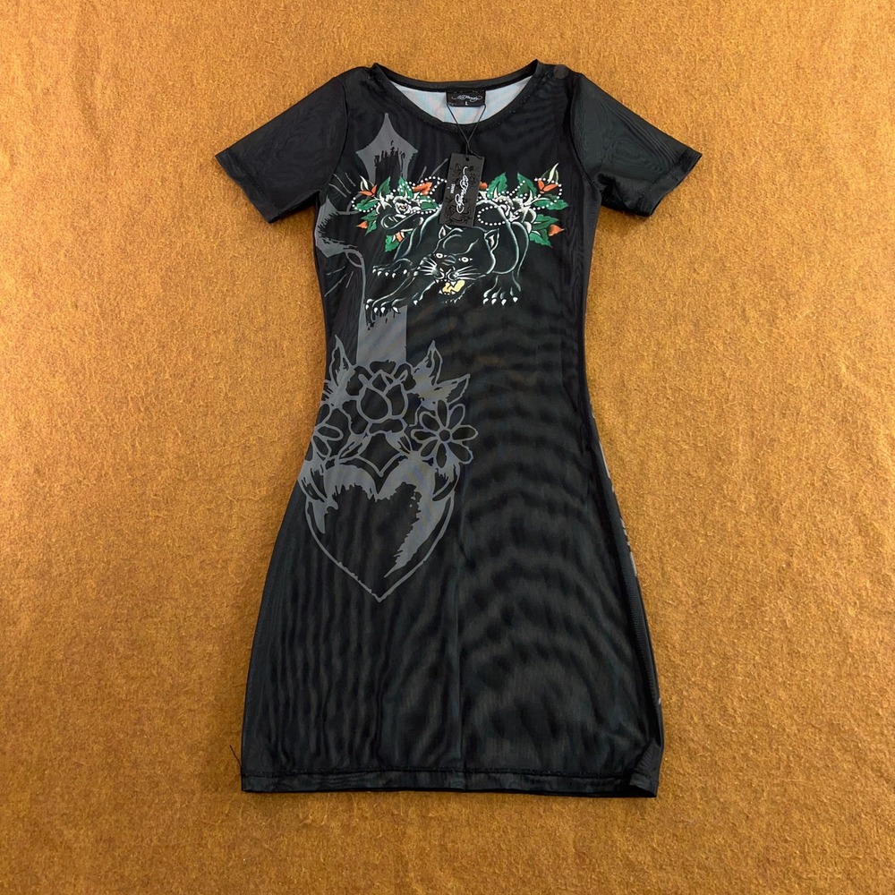 Ed Hardy Womens Large Black Panther Rose Rhinestone Mesh Mini Dress NWT